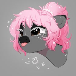 Size: 932x926 | Tagged: safe, artist:melodylibris, oc, oc only, earth pony, pony, :p, black eyeshadow, brown eyes, bust, colored eartips, colored eyelashes, colored muzzle, cute, dark muzzle, eyebrows, eyebrows visible through hair, eyeshadow, facial markings, female, freckles, gradient mane, gray background, lidded eyes, makeup, mare, ocbetes, ponytail, simple background, solo, tongue out