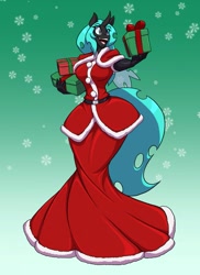 Size: 931x1280 | Tagged: safe, artist:toughset, oc, oc only, changeling, changeling queen, anthro, breasts, busty oc, changeling queen oc, christmas, christmas changeling, clothes, commission, costume, dress, female, gradient background, green background, holiday, not chrysalis, open mouth, open smile, present, santa costume, smiling, snow, snowfall, solo