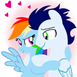 Size: 1400x1400 | Tagged: safe, artist:mlplary6, rainbow dash, soarin', pegasus, pony, g4, boyfriend and girlfriend, female, heart, hug, looking at each other, looking at someone, love, male, mare, ship:soarindash, shipping, smiling, smiling at each other, stallion, straight