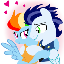 Size: 1400x1400 | Tagged: safe, artist:mlplary6, rainbow dash, soarin', pegasus, pony, g4, the last problem, bomber jacket, clothes, duo, female, heart, hug, husband and wife, jacket, looking at each other, looking at someone, love, male, mare, older, older rainbow dash, older soarin', older soarindash, ship:soarindash, shipping, smiling, smiling at each other, stallion, straight