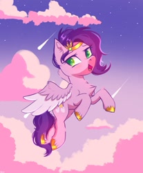 Size: 1240x1499 | Tagged: safe, artist:maxi_ponie, pipp petals, pegasus, pony, g5, adorapipp, chest fluff, cloud, concave belly, cute, diadem, eyebrows, female, flying, jewelry, looking at you, mare, open mouth, open smile, regalia, signature, skinny pipp, sky, smiling, smiling at you, solo, spread wings, stars, unshorn fetlocks, wings