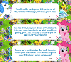 Size: 2048x1773 | Tagged: safe, gameloft, idw, majesty, pinkie pie, earth pony, pony, unicorn, g1, g4, my little pony: magic princess, official, dialogue, dialogue box, english, female, horn, idw showified, implied diamond tiara, implied silver spoon, mare, mobile game, speech bubble, text