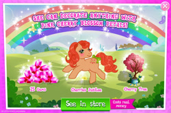 Size: 1961x1300 | Tagged: safe, gameloft, idw, cherries jubilee, earth pony, pony, g1, g4, my little pony: magic princess, official, advertisement, bow, bush, costs real money, english, female, gem, idw showified, introduction card, mare, mobile game, numbers, sale, solo, tail, tail bow, text, tree