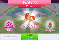Size: 1263x858 | Tagged: safe, gameloft, idw, cherries jubilee, earth pony, pony, g1, g4, my little pony: magic princess, official, beauty set, bow, bundle, bush, costs real money, english, female, gem, idw showified, mare, mobile game, numbers, sale, solo, tail, tail bow, text, tree