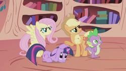 Size: 1920x1080 | Tagged: safe, screencap, applejack, fluttershy, spike, twilight sparkle, dragon, earth pony, pegasus, pony, unicorn, g4, my little pony: friendship is magic, the ticket master, floppy ears, golden oaks library, indoors, looking offscreen, sad, scary, serious, unicorn twilight