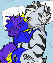 Size: 1700x2000 | Tagged: safe, artist:nova19, oc, oc only, oc:spacer rhythmic, oc:ventus, pegasus, pony, zebra, bed, bedsheets, cuddling, duo, female, kiss on the lips, kissing, male, mare, oc x oc, pegasus oc, pillow, shipping, simple background, stallion, zebra oc