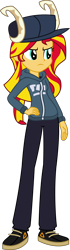 Size: 2277x8110 | Tagged: safe, artist:sketchmcreations, sunset shimmer, human, equestria girls, g4, clothes, female, friday night funkin', hand on hip, hat, hoodie, horns, pants, shoes, simple background, sneakers, solo, tabi, transparent background, vector