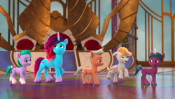 Size: 1200x675 | Tagged: safe, screencap, ferris, misty brightdawn, seashell (g5), earth pony, pegasus, pony, unicorn, cutie blossom bash, g5, my little pony: make your mark, my little pony: make your mark chapter 5, spoiler:g5, spoiler:my little pony: make your mark, spoiler:my little pony: make your mark chapter 5, spoiler:mymc05e01, colt, female, filly, foal, male, mare, pippsqueaks, rebirth misty, solo, unnamed character, unnamed pony