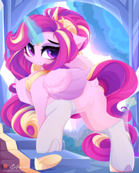 Size: 4000x5000 | Tagged: safe, alternate version, artist:xsatanielx, princess cadance, alicorn, pony, g4, absurd resolution, butt, dock, eyebrows, featureless crotch, female, glowing, glowing horn, grin, horn, looking at you, looking back, looking back at you, lovebutt, mare, patreon, patreon logo, plot, raised hoof, smiling, smiling at you, solo, tail