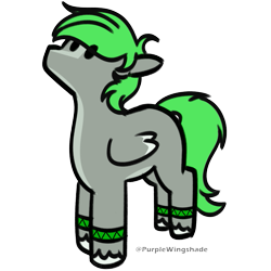 Size: 601x601 | Tagged: safe, artist:purple wingshade, oc, oc only, oc:emerald stonesetter, pegasus, pony, bracelet, dot eyes, gray coat, green mane, jewelry, looking up, minimalist, simple background, solo, standing, transparent background, underbelly
