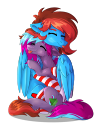 Size: 1076x1340 | Tagged: safe, artist:lambydwight, oc, oc only, oc:cloud twist, oc:lucid heart, bat pony, pegasus, pony, :p, clothes, cuddling, hug, simple background, socks, striped socks, tongue out, transparent background, winghug, wings