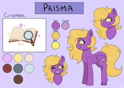 Size: 705x504 | Tagged: safe, artist:galaxy swirl, oc, oc:prisma, pegasus, pony, bust, cutie mark, looking at you, purple coat, reference sheet, simple background, standing, yellow mane