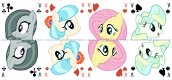 Size: 6400x3000 | Tagged: safe, artist:parclytaxel, coco pommel, fluttershy, marble pie, vapor trail, earth pony, pegasus, pony, series:parcly's pony pattern playing cards, g4, .svg available, absurd resolution, bust, female, jack of clubs, jack of diamonds, jack of hearts, jack of spades, mare, open mouth, open smile, playing card, portrait, rotational symmetry, simple background, smiling, tarot card, the council of shy ponies, vector, white background