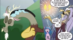 Size: 1921x1075 | Tagged: safe, edit, edited screencap, idw, screencap, discord, izzy moonbow, draconequus, pony, unicorn, g4, g5, the ending of the end, spoiler:comic, spoiler:g5comic, spoiler:g5comic02, antlers, beard, bowing, broken wing, crystal, death battle!: discord vs bill cipher, facial hair, horn, long hair, marvel, old man discord, pegasus crystal, reference to another series, wings, x-men