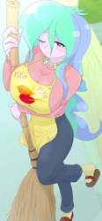Size: 3112x6714 | Tagged: safe, artist:batipin, princess celestia, human, phoenix, equestria girls, g4, apron, arm under breasts, big breasts, breasts, broom, busty princess celestia, clothes, female, huge breasts, looking at you, maison ikkoku, one eye closed, phoenix chick, solo, standing, standing on one leg