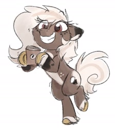 Size: 1879x2101 | Tagged: safe, artist:lbrcloud, oc, oc only, earth pony, pony, coffee, coffee cup, colored sketch, cup, eye clipping through hair, female, grin, hoof hold, mare, shivering, simple background, sketch, smiling, solo, standing, standing on one leg, unshorn fetlocks, white background