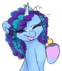 Size: 1732x1995 | Tagged: safe, artist:lbrcloud, misty brightdawn, pony, unicorn, g5, alternate hairstyle, eyes closed, floppy ears, hoof hold, simple background, solo, tongue out, white background