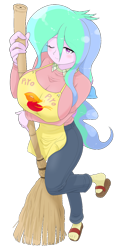 Size: 606x1318 | Tagged: safe, alternate version, artist:batipin, princess celestia, human, phoenix, equestria girls, g4, apron, arm under breasts, big breasts, breasts, broom, busty princess celestia, clothes, female, huge breasts, looking at you, maison ikkoku, one eye closed, phoenix chick, simple background, solo, standing, standing on one leg, transparent background