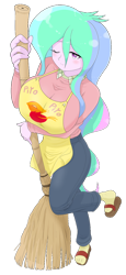 Size: 606x1318 | Tagged: safe, alternate version, artist:batipin, princess celestia, human, phoenix, equestria girls, g4, alternate hairstyle, apron, arm under breasts, big breasts, breasts, broom, busty princess celestia, clothes, female, huge breasts, looking at you, maison ikkoku, one eye closed, phoenix chick, simple background, solo, standing, standing on one leg, transparent background