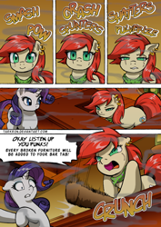 Size: 1204x1700 | Tagged: safe, artist:tarkron, rarity, oc, oc:red scarla, pony, unicorn, comic:the royal sandal, g4, angry, baseball bat, dialogue, duo, eye scar, facial scar, female, floppy ears, mare, open mouth, scar, speech bubble, yelling