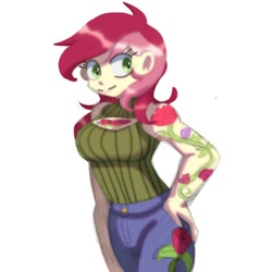Size: 2000x2000 | Tagged: safe, artist:shori06, roseluck, human, equestria girls, g4, boob window, clothes, cute, denim, female, high res, jeans, pants, simple background, sleeveless, sleeveless sweater, solo, sweater, tattoo, white background