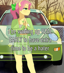 Size: 1823x2083 | Tagged: safe, artist:aztrial, posey bloom, earth pony, anthro, g5, bow, car, cardigan, clothes, fence, hair bow, jewelry, meme, necklace, skirt, solo, text, tree, tube top, volkswagen, volkswagen beetle
