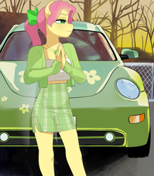 Size: 1823x2083 | Tagged: safe, alternate version, artist:aztrial, posey bloom, earth pony, anthro, g5, bow, car, cardigan, clothes, fence, hair bow, jewelry, meme, necklace, skirt, solo, tree, tube top, volkswagen, volkswagen beetle