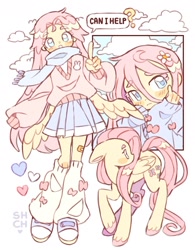 Size: 1535x1971 | Tagged: safe, artist:sharpycharot, fluttershy, human, pegasus, pony, g4, bandaid, blush lines, blush sticker, blushing, clothes, cloud, colored eyelashes, colored hooves, converse, cute, ears back, female, floppy ears, flower, flower in hair, folded wings, heart, humanized, leg warmers, looking back, mare, oversized sweater, pink eyelashes, pleated skirt, question mark, raised hoof, scarf, shoes, shyabetes, simple background, skirt, sneakers, speech, speech bubble, standing, talking, talking to viewer, text, turned head, unshorn fetlocks, white background, winged humanization, wings