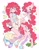 Size: 1536x1948 | Tagged: safe, artist:sharpycharot, gummy, pinkie pie, alligator, earth pony, human, pony, equestria girls, g4, :3, :d, ahoge, arm warmers, bandaid, beanbrows, blush lines, blush sticker, blushing, bow, chest fluff, clothes, cloven hooves, colored eartips, colored hooves, converse, cupcake, cute, diapinkes, drink, drinking, duo, ear tufts, eared humanization, eyebrows, female, food, freckles, grimace shake, hair bow, hooves, humanized, leg freckles, leg warmers, mare, mcdonald's, meme, milkshake, motion lines, open mouth, open smile, pleated skirt, roller skates, shoes, shoulder freckles, simple background, sipping, skates, skirt, smiling, sparkles, speech bubble, spoilers for another series, tail, tailed humanization, tank top, unshorn fetlocks, white background