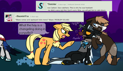 Size: 960x561 | Tagged: safe, artist:lupisvulpes, applejack, oc, oc:monochromatic heart, oc:slice n' dice, changeling, pony, g4, ask, deviantart, dialogue, night, walking, walking away, what the hay?, yelling