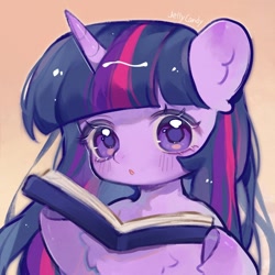 Size: 1000x1000 | Tagged: safe, artist:jelly-candy, twilight sparkle, pony, unicorn, g4, :o, book, bookhorse, cute, eyebrows, female, gradient background, holding, horn, looking at you, mare, open mouth, reading, signature, solo, twiabetes, unicorn twilight
