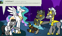 Size: 960x561 | Tagged: safe, artist:lupisvulpes, princess celestia, oc, oc:monochromatic heart, alicorn, changeling, pony, g4, angry, armor, armored pony, ask, deviantart, looking at someone, night, talking