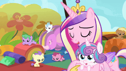 Size: 520x293 | Tagged: safe, editor:quoterific, screencap, coconut palm, cranberry pit, cream puff, ginger tea, grape stem, princess cadance, princess flurry heart, stratus wind, alicorn, earth pony, pony, g4, once upon a zeppelin, animated, baby, baby pony, background pony, creambetes, cute, cutedance, daycare, female, filly, flurrybetes, foal, gif, glowing, glowing horn, grapebetes, holding a pony, horn, levitation, magic, mare, mother and child, mother and daughter, one wing out, telekinesis, wings