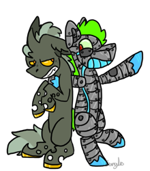 Size: 497x566 | Tagged: safe, artist:ask-scrap, oc, oc only, oc:monochromatic heart, changeling, pony, robot, duo, grin, simple background, smiling, teeth, transparent background