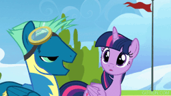 Size: 520x293 | Tagged: safe, editor:quoterific, screencap, sky stinger, twilight sparkle, alicorn, pegasus, pony, g4, top bolt, animated, clipboard, clothes, duo, duo male and female, female, gif, glowing, glowing horn, goggles, goggles on head, horn, levitation, magic, male, mare, stallion, talking, telekinesis, twilight sparkle (alicorn), uniform, wonderbolt trainee uniform