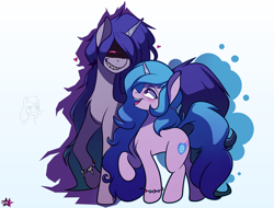 Size: 4370x3327 | Tagged: dead source, safe, artist:alexsc112, izzy moonbow, sunny starscout, oc, oc:mimic izzy, mimic, pony, unicorn, g5, doppelganger, duo, height difference, long mane, long tail, tail, trio