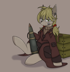 Size: 2194x2275 | Tagged: safe, artist:ashel_aras, oc, oc only, earth pony, pony, fallout equestria, box, clothes, high res, missile, pigtails, simple background, solo, uniform