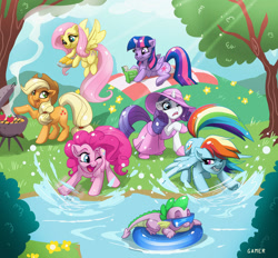 Size: 1500x1391 | Tagged: safe, artist:thegamercolt, applejack, fluttershy, pinkie pie, rainbow dash, rarity, spike, twilight sparkle, alicorn, dragon, earth pony, pegasus, pony, unicorn, g4, 2015, apple, applejack's hat, barbeque, book, clothes, colored eyebrows, cookie, cottagecore, cowboy hat, crepuscular rays, dress, eyebrows, eyes closed, female, floaty, floppy ears, flower, flying, folded wings, food, freckles, grass, grill, hat, horn, inflatable, inner tube, lying down, male, mane seven, mane six, mare, misspelling, old art, one eye closed, open mouth, open smile, outdoors, picnic, picnic blanket, pond, pool toy, prone, raised hoof, reading, septet, shoes, signature, smiling, splashing, spread wings, summer, summer dress, sun hat, sunglasses, tree, twilight sparkle (alicorn), underhoof, water, wings