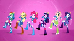 Size: 750x421 | Tagged: safe, screencap, applejack, fluttershy, pinkie pie, rainbow dash, rarity, twilight sparkle, human, equestria girls, g4, my little pony equestria girls, boots, clothes, collar, cowboy boots, cowboy hat, dancing, fake ears, fake tail, female, freckles, hair, hairpin, hat, helping twilight win the crown, high heel boots, humane five, humane six, ponytail, raised leg, shirt, shoes, skirt, smiling, socks, stomping, sweater, teenager, wondercolts uniform