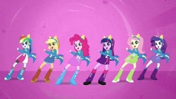 Size: 780x439 | Tagged: safe, screencap, applejack, fluttershy, pinkie pie, rainbow dash, rarity, twilight sparkle, human, equestria girls, g4, my little pony equestria girls, boots, clothes, collar, cowboy boots, cowboy hat, dancing, fake ears, fake tail, female, hat, helping twilight win the crown, high heel boots, humane five, humane six, open mouth, open smile, shirt, shoes, skirt, smiling, socks, spread arms, sweater, teenager, wondercolts uniform