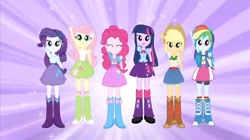 Size: 750x421 | Tagged: safe, screencap, applejack, fluttershy, pinkie pie, rainbow dash, rarity, twilight sparkle, human, equestria girls, g4, my little pony equestria girls, arms in the air, belt, boots, bracelet, button-up shirt, clothes, collar, cowboy boots, cowboy hat, dancing, denim, denim skirt, eg stomp, female, freckles, hair, happy, hat, high heel boots, humane five, humane six, jacket, jewelry, ponytail, puffy sleeves, shirt, shoes, skirt, smiling, socks, sunburst background, t-shirt, tank top, teenager, vest, wristband