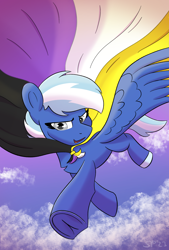 Size: 2048x3029 | Tagged: safe, artist:single purpose, oc, oc:exobass, pegasus, pony, flag, flying, high res, nonbinary pride flag, pride, pride flag, sky, solo, spread wings, wings