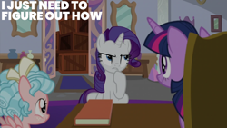 Size: 2000x1125 | Tagged: safe, edit, edited screencap, editor:quoterific, screencap, cozy glow, rarity, twilight sparkle, alicorn, pegasus, pony, unicorn, friendship university, g4, book, female, filly, foal, mare, school of friendship, sitting, twilight sparkle (alicorn), twilight's office