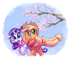 Size: 1650x1400 | Tagged: safe, artist:whitediamonds, applejack, rarity, earth pony, pony, unicorn, rarijack daily, g4, applejack's hat, cherry blossoms, clothes, cowboy hat, duo, duo female, eyebrows, eyebrows visible through hair, female, flower, flower blossom, freckles, grin, hat, horn, lesbian, mare, open mouth, open smile, raised hoof, scarf, ship:rarijack, shipping, signature, smiling, spring