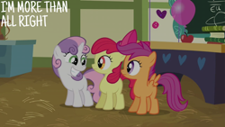 Size: 2000x1125 | Tagged: safe, edit, edited screencap, editor:quoterific, screencap, apple bloom, scootaloo, sweetie belle, earth pony, pegasus, pony, unicorn, g4, hearts and hooves day (episode), apple, balloon, book, cutie mark crusaders, female, filly, foal, food, ponyville schoolhouse