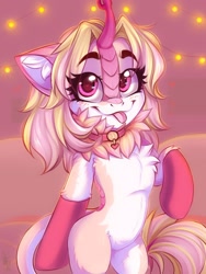 Size: 1200x1600 | Tagged: safe, artist:falafeljake, oc, kirin, bipedal, blushing, chest fluff, clothes, collar, commission, heart, heart eyes, looking at you, pink background, simple background, socks, solo, tongue out, wingding eyes, ych result