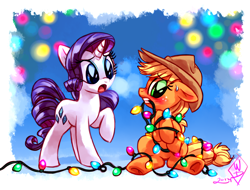 Size: 1450x1100 | Tagged: safe, artist:whitediamonds, applejack, rarity, earth pony, pony, unicorn, rarijack daily, g4, applejack's hat, blushing, bondage, christmas, christmas lights, cowboy hat, duo, duo female, embarrassed, eyebrows, eyebrows visible through hair, female, floppy ears, freckles, gritted teeth, hat, holiday, horn, lesbian, looking at someone, mare, mouth hold, nose wrinkle, open mouth, raised hoof, ship:rarijack, shipping, signature, silly, silly pony, sitting, sweat, sweatdrop, tangled up, teeth, underhoof, unsexy bondage, who's a silly pony, winter, you had one job