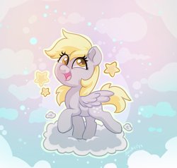 Size: 1303x1238 | Tagged: safe, artist:avui, derpy hooves, pegasus, pony, g4, cloud, cute, full body, happy, heart, innocent, smiling, solo, stars