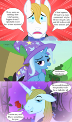 Size: 1280x2160 | Tagged: safe, edit, edited screencap, screencap, prince blueblood, trixie, pony, unicorn, g4, the best night ever, to change a changeling, bowtie, cape, clothes, female, flower, flower in mouth, hat, male, mouth hold, panicking, rose, rose in mouth, ship:bluetrix, shipping, speech bubble, stallion, straight, trixie's cape, trixie's hat