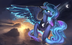 Size: 2000x1250 | Tagged: safe, artist:rain-gear, princess luna, alicorn, pony, lunadoodle, g4, alternate hairstyle, dawn, female, flying, glowing, glowing mane, glowing wings, horn, mare, moon, signature, sky, solo, spread wings, stars, sun, twilight (astronomy), wings